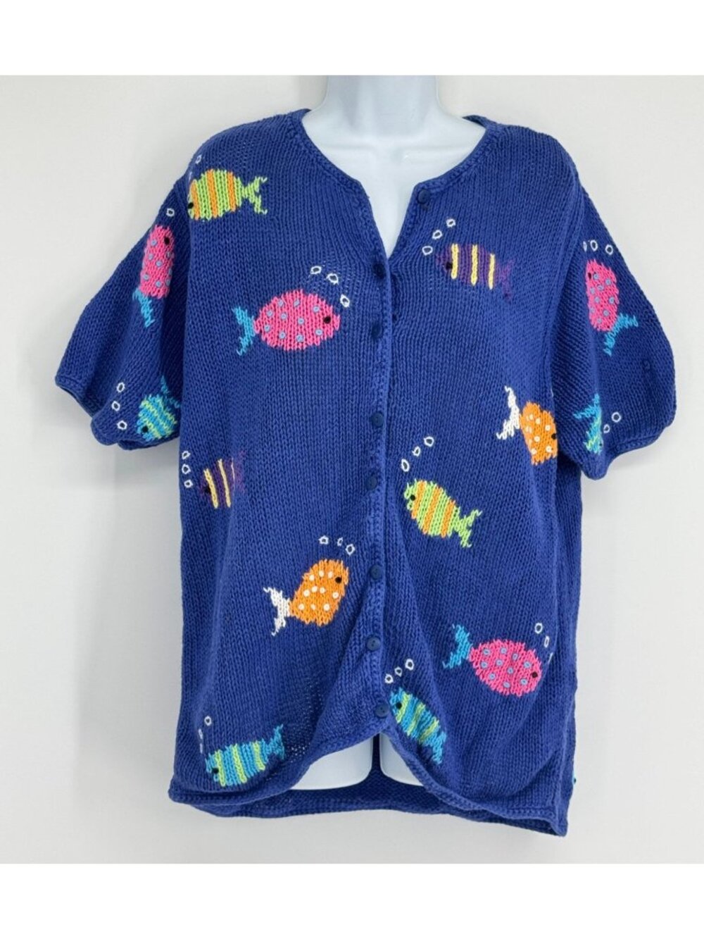 Quacker Factory M Vtg Hand Knit Fish Sweater Cardigan Blue Short Sleeve Ocean